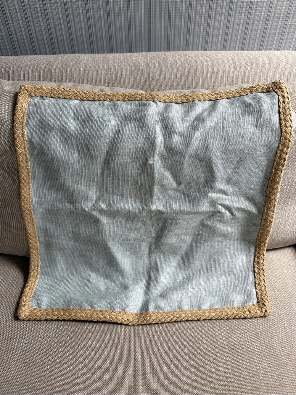 Light Blue Linen Throw Pillow Cover with Braided Tan Trim
